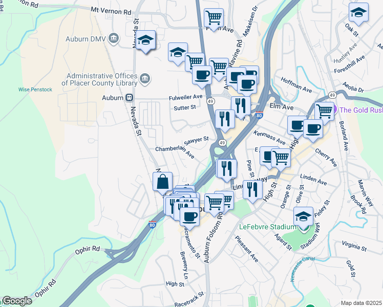 map of restaurants, bars, coffee shops, grocery stores, and more near 275 Placer Street in Auburn