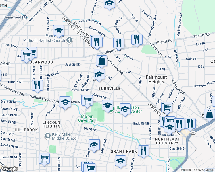 map of restaurants, bars, coffee shops, grocery stores, and more near 5405 James Place Northeast in Washington