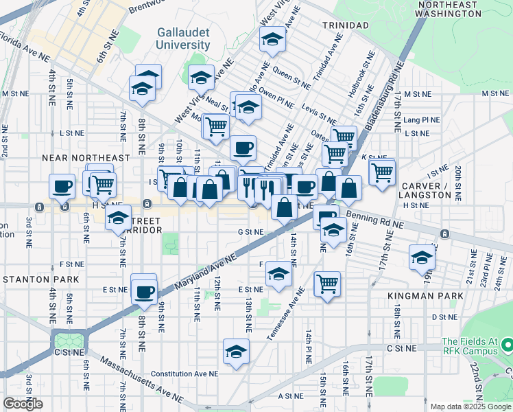 map of restaurants, bars, coffee shops, grocery stores, and more near 101 Independence Avenue Southeast in Washington