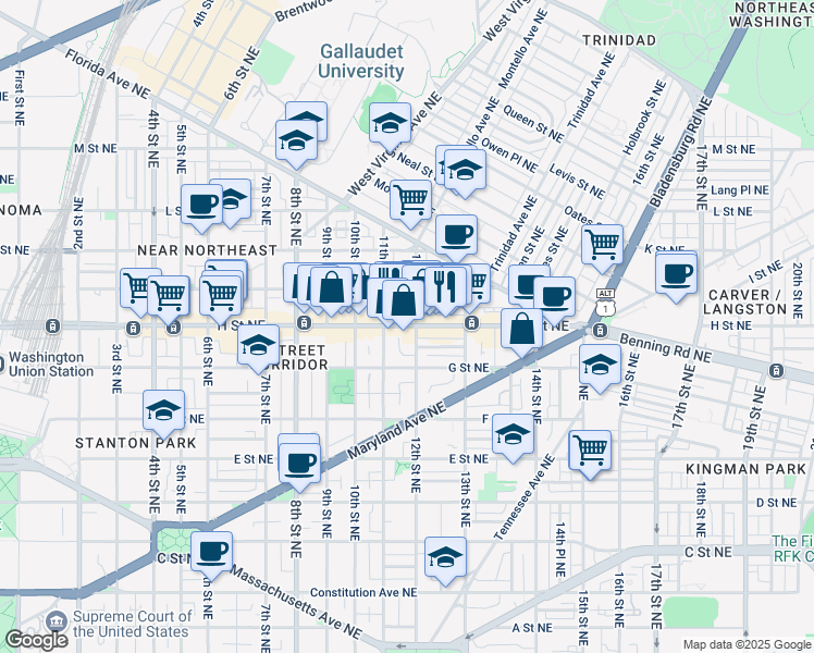 map of restaurants, bars, coffee shops, grocery stores, and more near 101 Independence Avenue Southeast in Washington