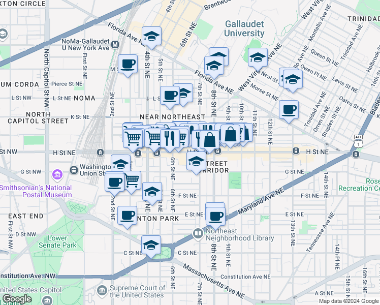 map of restaurants, bars, coffee shops, grocery stores, and more near 101 Independence Avenue Southeast in Washington