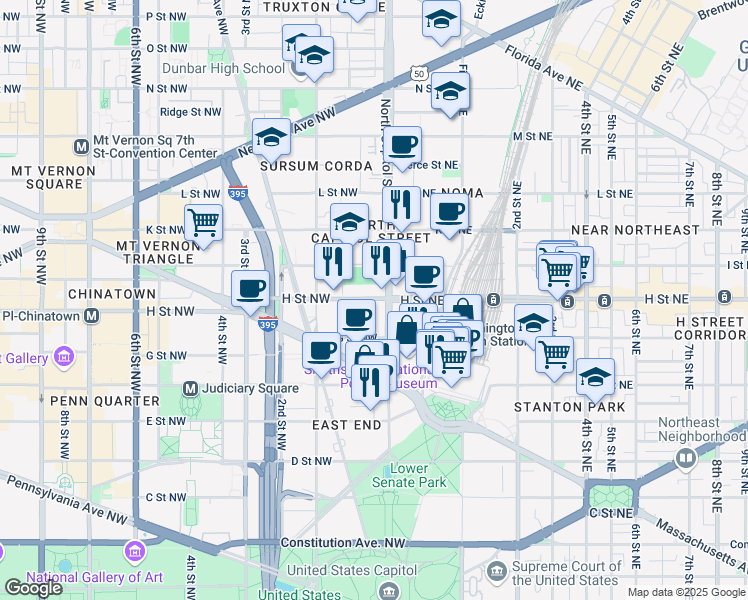 map of restaurants, bars, coffee shops, grocery stores, and more near 101 Independence Avenue Southeast in Washington