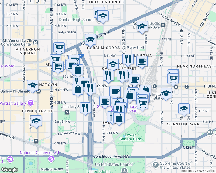 map of restaurants, bars, coffee shops, grocery stores, and more near 101 Independence Avenue Southeast in Washington