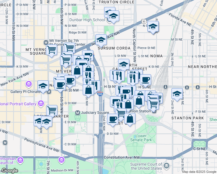 map of restaurants, bars, coffee shops, grocery stores, and more near 101 Independence Avenue Southeast in Washington