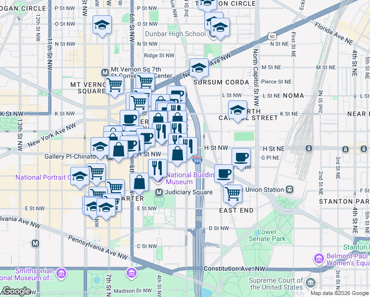 map of restaurants, bars, coffee shops, grocery stores, and more near 101 Independence Avenue Southeast in Washington