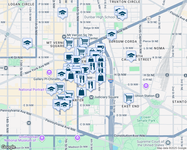 map of restaurants, bars, coffee shops, grocery stores, and more near 101 Independence Avenue Southeast in Washington