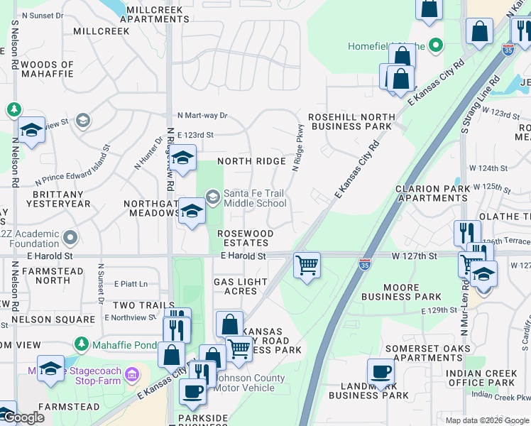 map of restaurants, bars, coffee shops, grocery stores, and more near 1251c Petzold Drive in Olathe