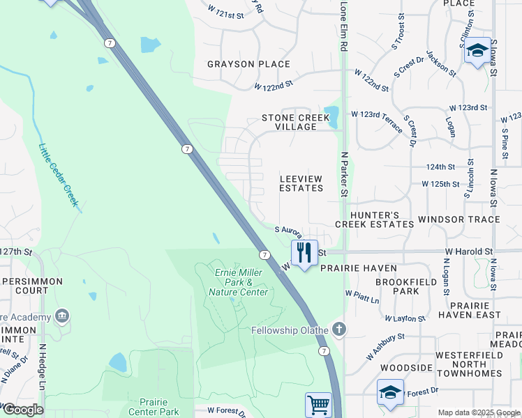map of restaurants, bars, coffee shops, grocery stores, and more near 1201 North Leeview Circle in Olathe