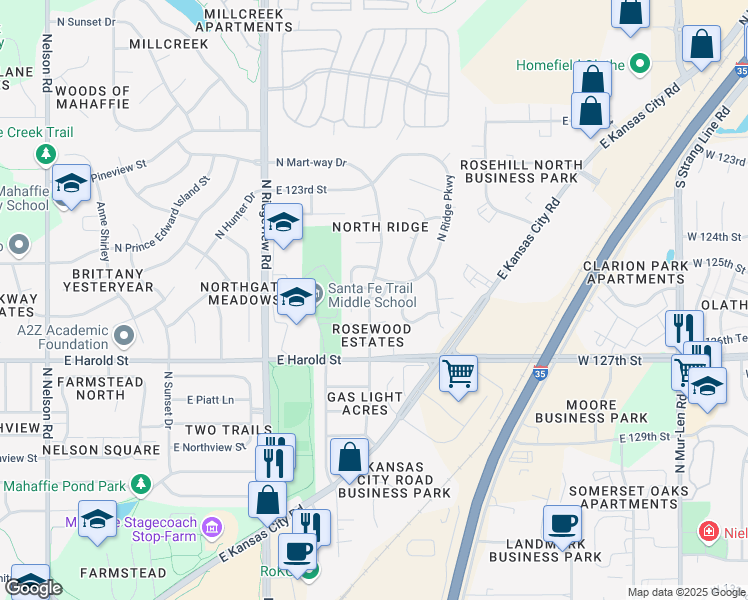 map of restaurants, bars, coffee shops, grocery stores, and more near 1415 East 125th Terrace in Olathe