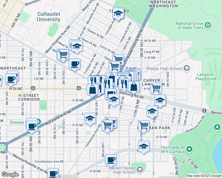 map of restaurants, bars, coffee shops, grocery stores, and more near Bladensburg Rd NE & H St NE in Washington