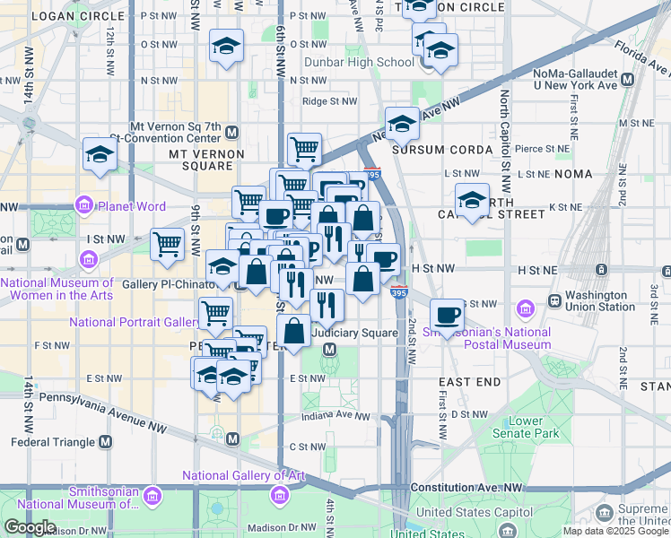 map of restaurants, bars, coffee shops, grocery stores, and more near 438 Massachusetts Avenue Northwest in Washington