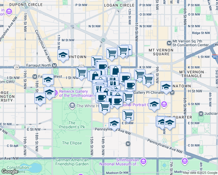 map of restaurants, bars, coffee shops, grocery stores, and more near H Street Northwest in Washington