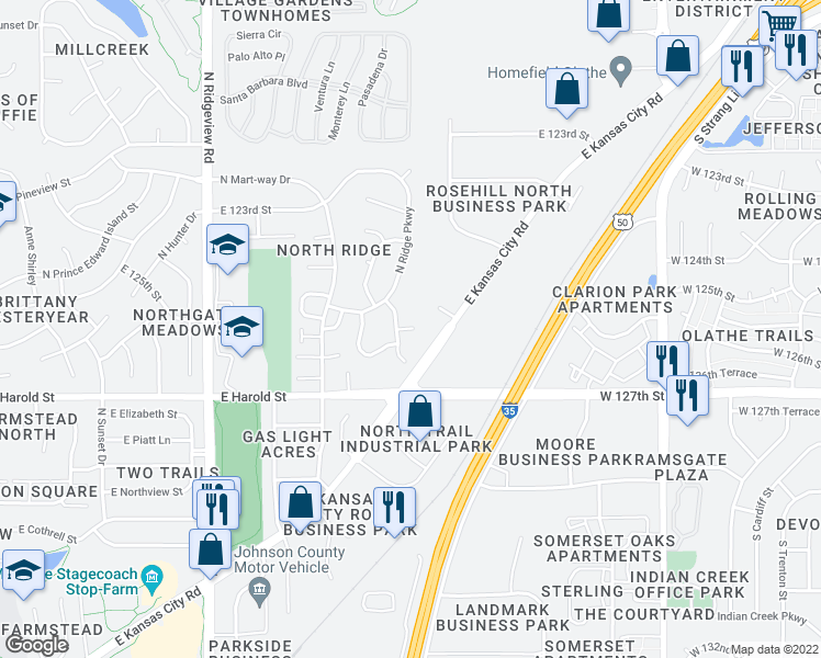 map of restaurants, bars, coffee shops, grocery stores, and more near 1570 East 125th Street in Olathe