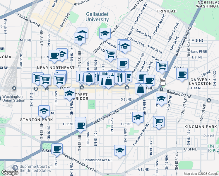 map of restaurants, bars, coffee shops, grocery stores, and more near 1121 H Street Northeast in Washington