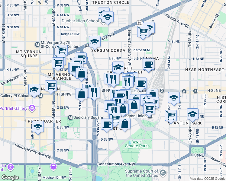 map of restaurants, bars, coffee shops, grocery stores, and more near 77 H Street Northwest in Washington
