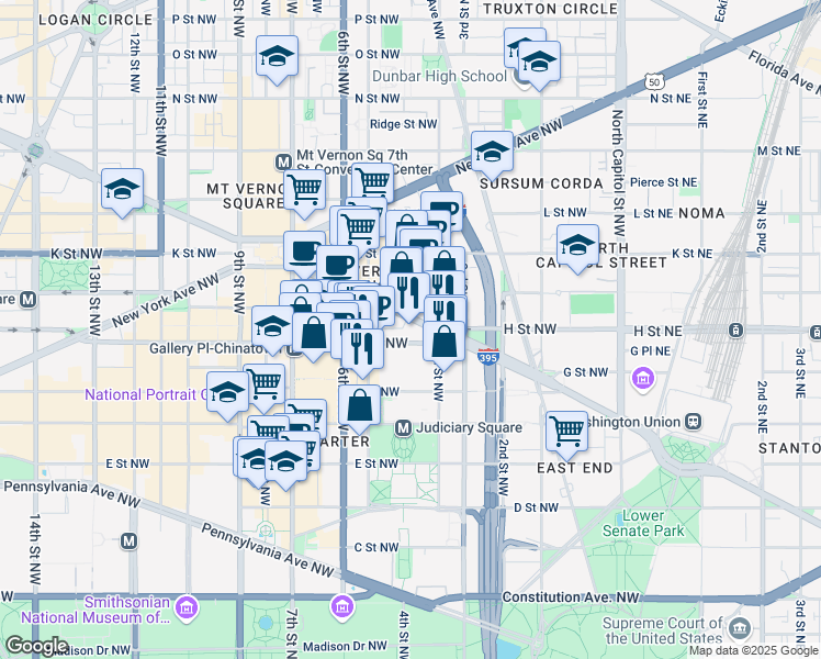 map of restaurants, bars, coffee shops, grocery stores, and more near 438 Massachusetts Avenue Northwest in Washington