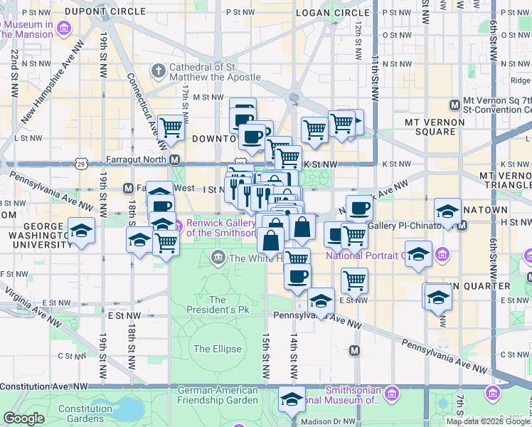 map of restaurants, bars, coffee shops, grocery stores, and more near H St NW & 15th St NW in Washington