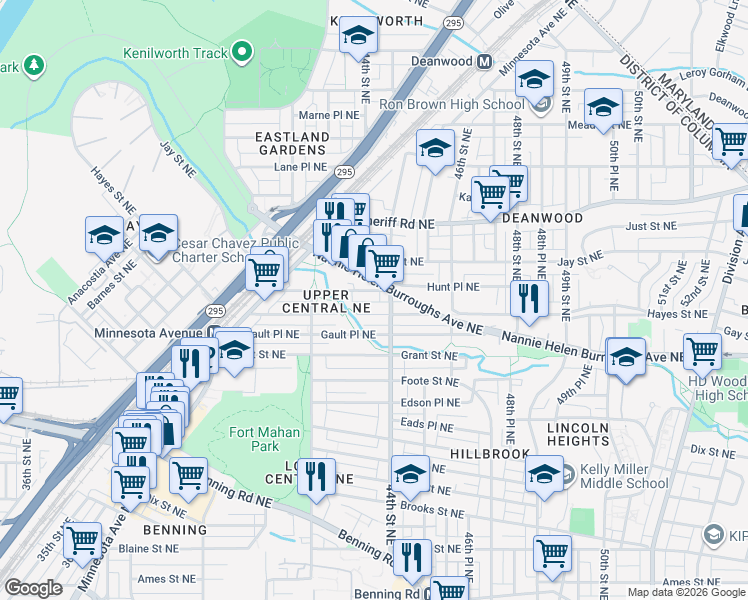 map of restaurants, bars, coffee shops, grocery stores, and more near 724 44th Street Northeast in Washington