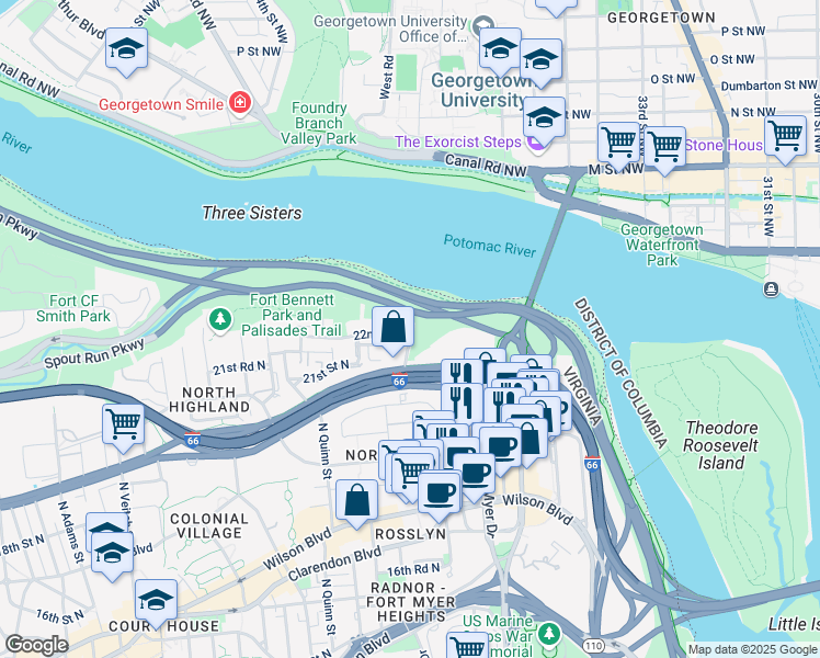 map of restaurants, bars, coffee shops, grocery stores, and more near 2205 North Oak Court in Arlington