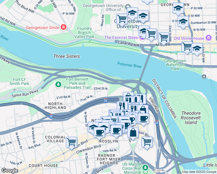 map of restaurants, bars, coffee shops, grocery stores, and more near 2205 North Oak Court in Arlington