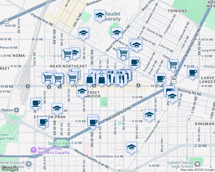 map of restaurants, bars, coffee shops, grocery stores, and more near H St NE & 10th St NE in Washington