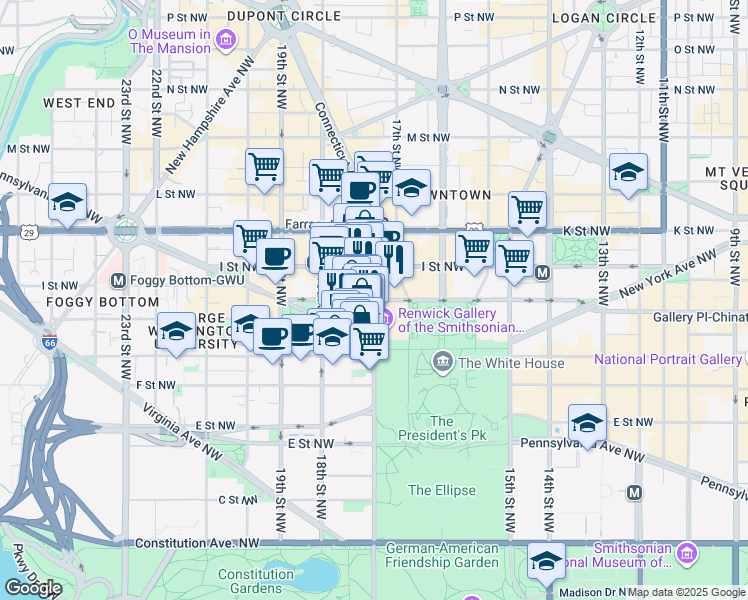 map of restaurants, bars, coffee shops, grocery stores, and more near 801 17th Street Northwest in Washington