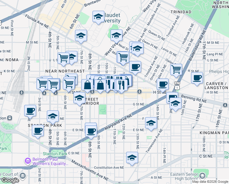 map of restaurants, bars, coffee shops, grocery stores, and more near H St NE & 11th St NE in Washington
