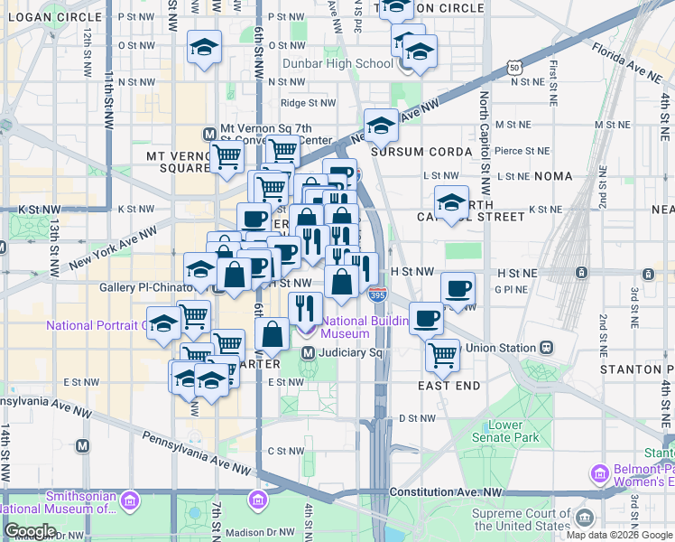 map of restaurants, bars, coffee shops, grocery stores, and more near Massachusetts Ave NW & 4th St NW in Washington