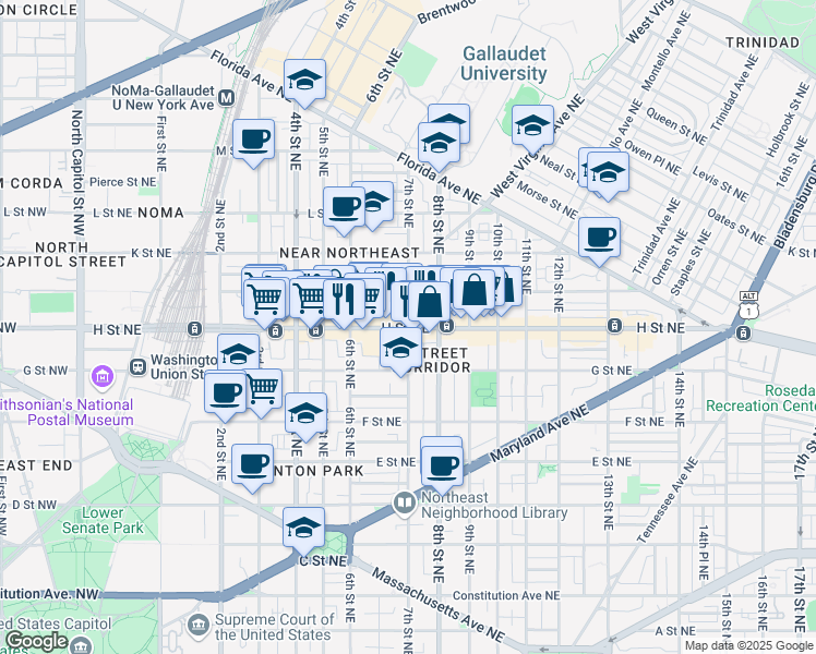 map of restaurants, bars, coffee shops, grocery stores, and more near H Street Northeast & 7th Street Northeast in Washington