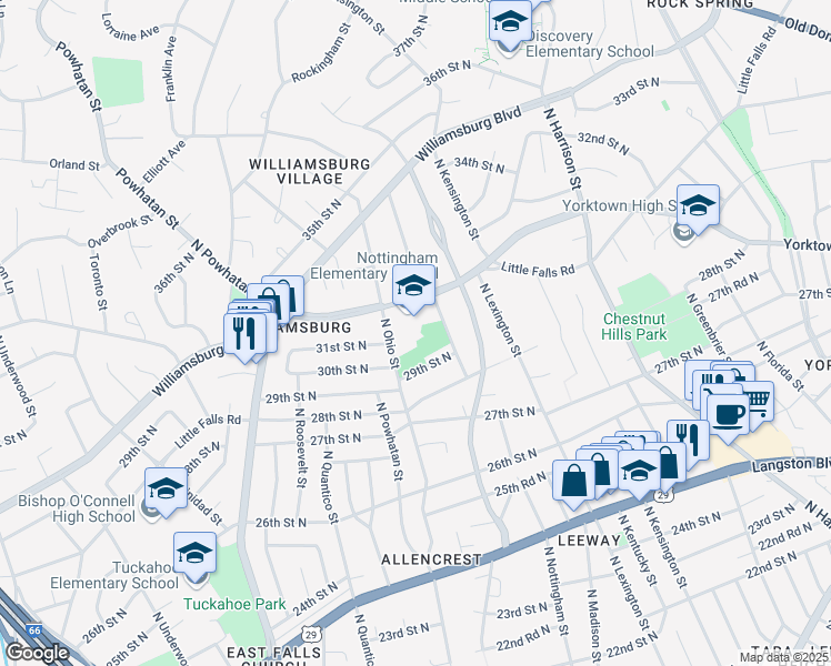 map of restaurants, bars, coffee shops, grocery stores, and more near 5900 North Little Falls Road in Arlington