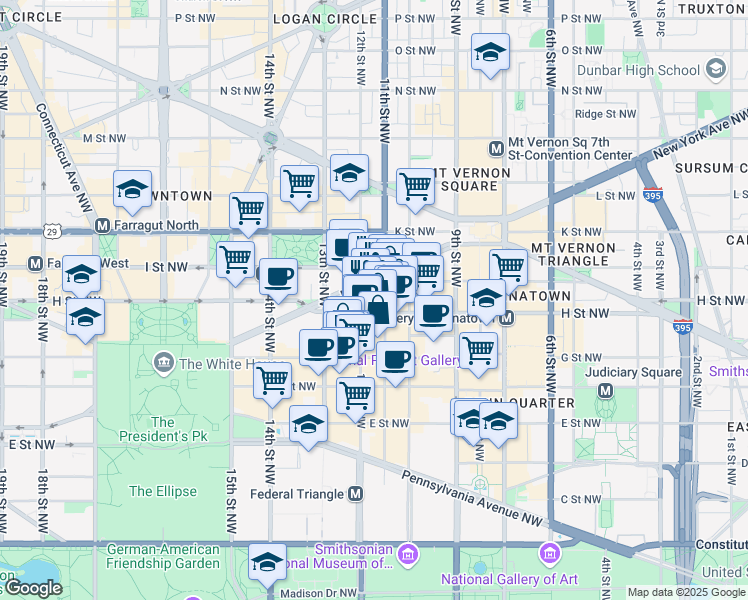map of restaurants, bars, coffee shops, grocery stores, and more near 1100 New York Avenue Northwest in Washington