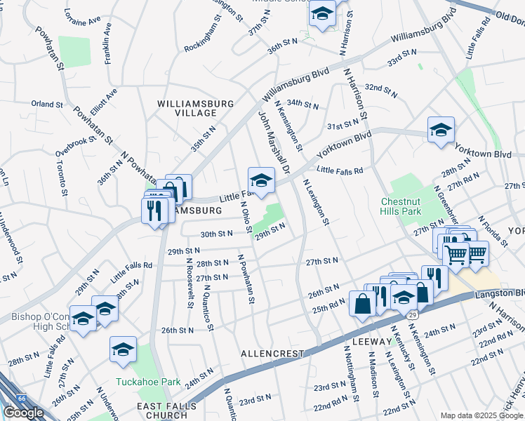 map of restaurants, bars, coffee shops, grocery stores, and more near 5900 North Little Falls Road in Arlington