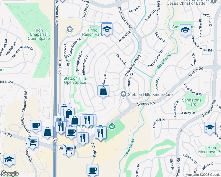 map of restaurants, bars, coffee shops, grocery stores, and more near 6245 Boscomb Place in Colorado Springs