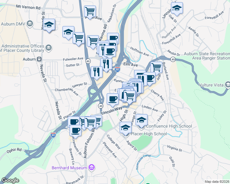 map of restaurants, bars, coffee shops, grocery stores, and more near 181 Kenmass Avenue in Auburn