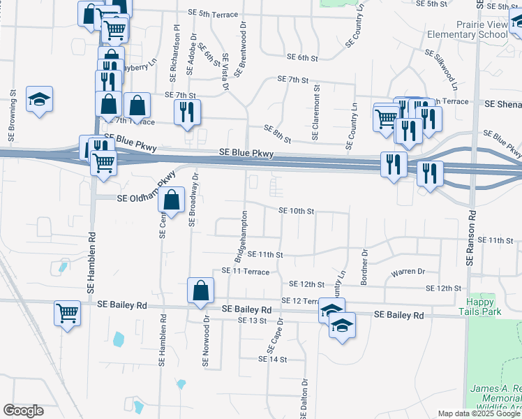 map of restaurants, bars, coffee shops, grocery stores, and more near 1004 Southeast Dover Drive in Lee's Summit