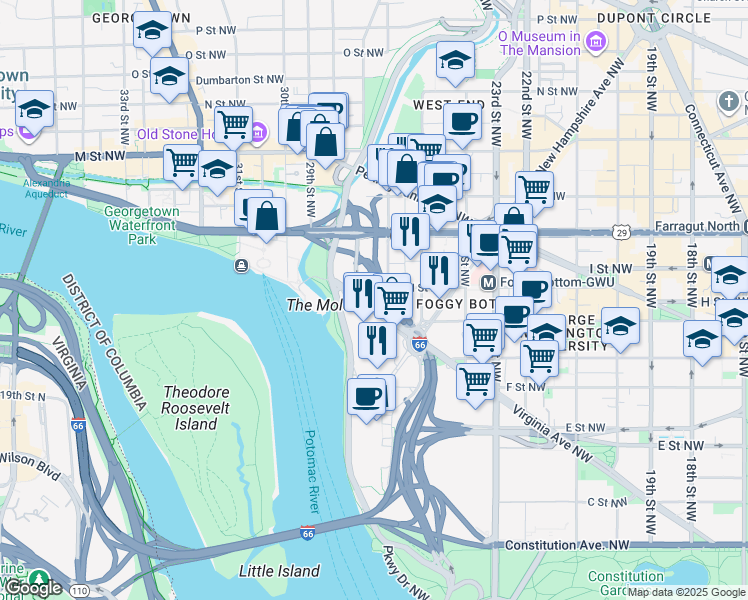 map of restaurants, bars, coffee shops, grocery stores, and more near 2601 Virginia Avenue Northwest in Washington