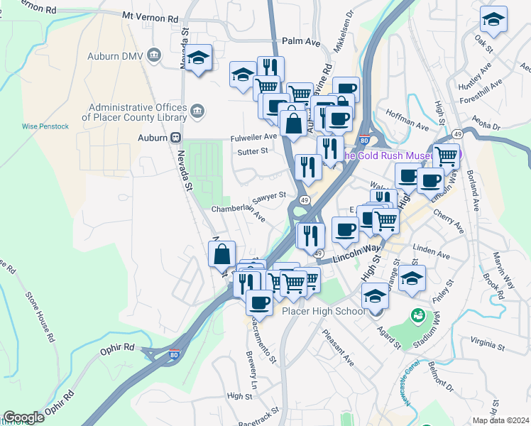 map of restaurants, bars, coffee shops, grocery stores, and more near 326 Chamberlain Avenue in Auburn