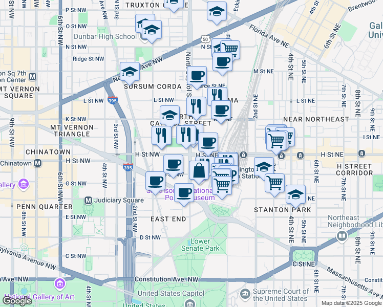 map of restaurants, bars, coffee shops, grocery stores, and more near 6 H Street Northeast in Washington