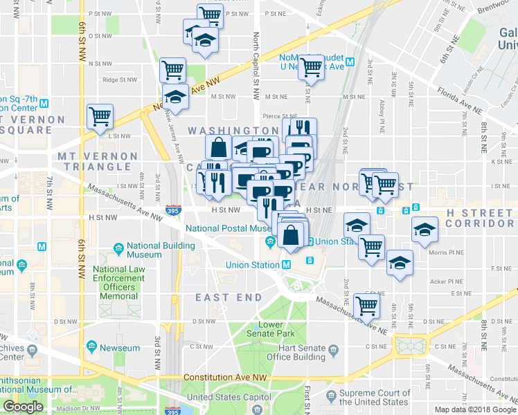 map of restaurants, bars, coffee shops, grocery stores, and more near 6 H Street Northeast in Washington