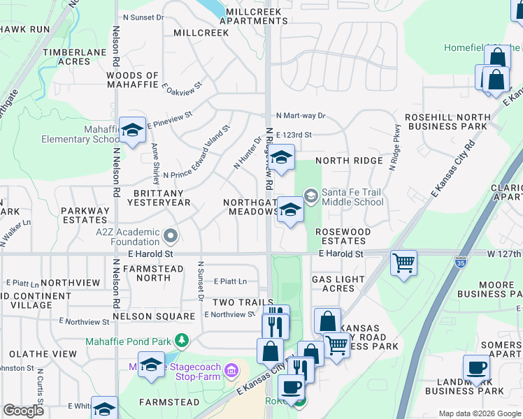 map of restaurants, bars, coffee shops, grocery stores, and more near 1309 North Annie Street in Olathe