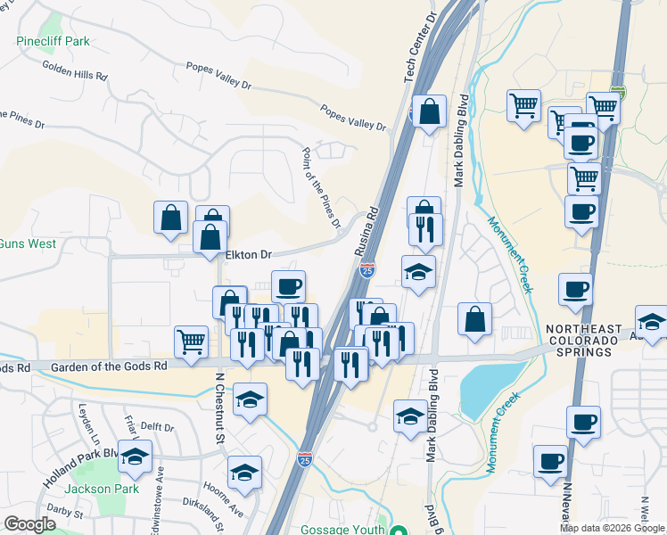 map of restaurants, bars, coffee shops, grocery stores, and more near 4740 Rusina Road in Colorado Springs
