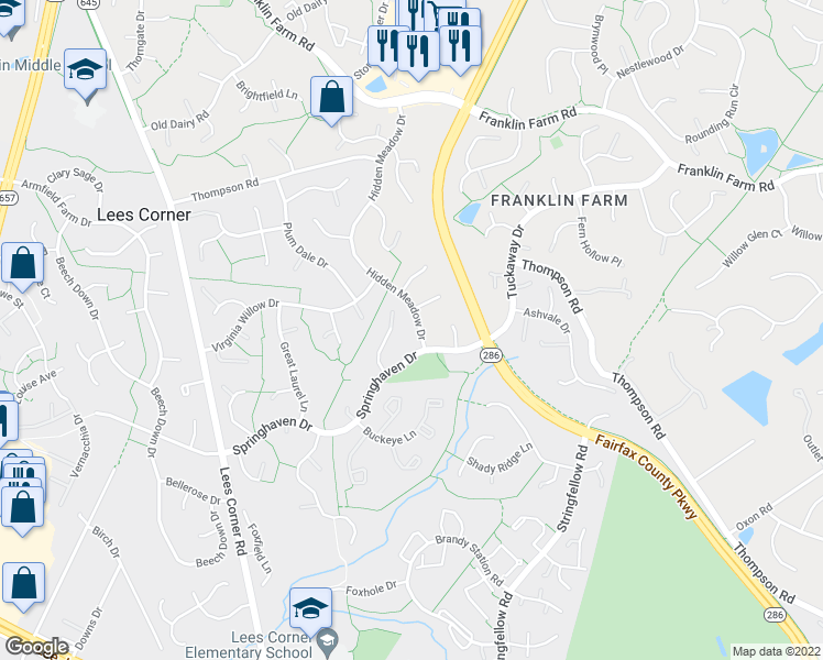 map of restaurants, bars, coffee shops, grocery stores, and more near 3436 Hidden Meadow Drive in Fairfax