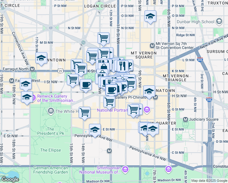 map of restaurants, bars, coffee shops, grocery stores, and more near 1100 New York Avenue Northwest in Washington