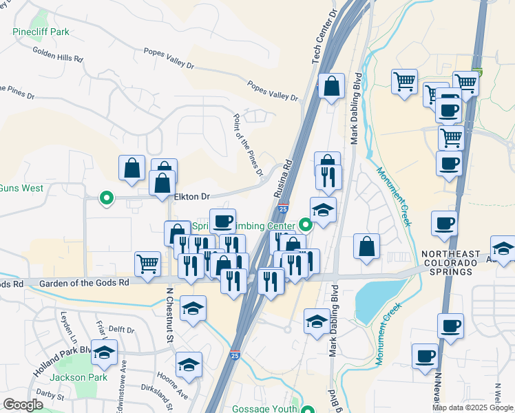 map of restaurants, bars, coffee shops, grocery stores, and more near 4740 Rusina Road in Colorado Springs