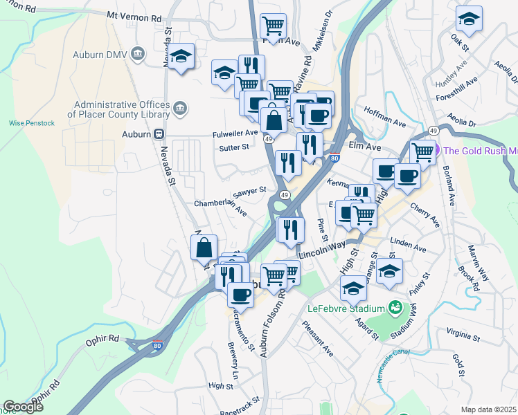 map of restaurants, bars, coffee shops, grocery stores, and more near 251 Sawyer Street in Auburn