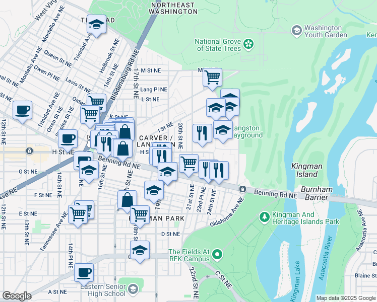 map of restaurants, bars, coffee shops, grocery stores, and more near 101 Independence Avenue Southeast in Washington