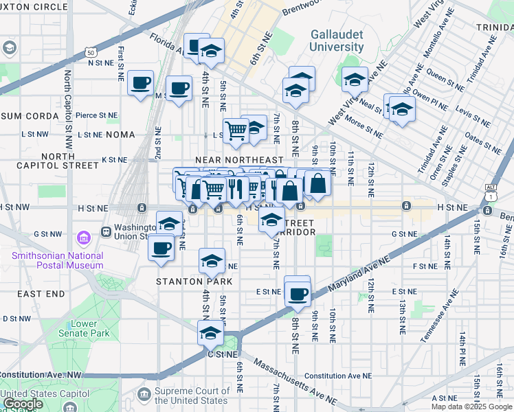 map of restaurants, bars, coffee shops, grocery stores, and more near 101 Independence Avenue Southeast in Washington