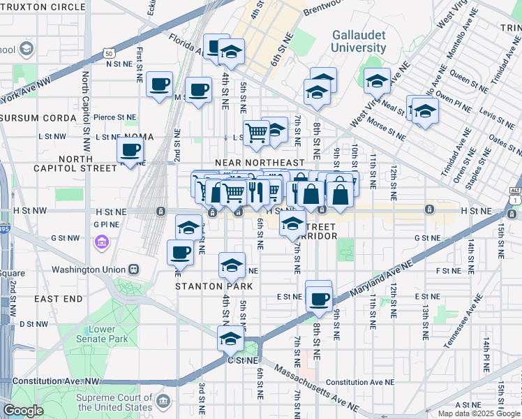 map of restaurants, bars, coffee shops, grocery stores, and more near 101 Independence Avenue Southeast in Washington