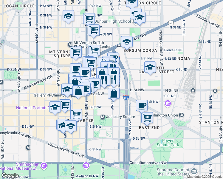 map of restaurants, bars, coffee shops, grocery stores, and more near 101 Independence Avenue Southeast in Washington