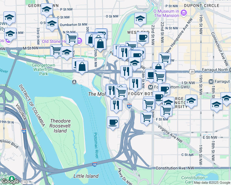 map of restaurants, bars, coffee shops, grocery stores, and more near 101 Independence Avenue Southeast in Washington